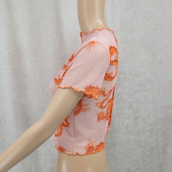 Just Polly Orange Sheer Mesh Dragon Crop Top Tee - Picture 4 of 8